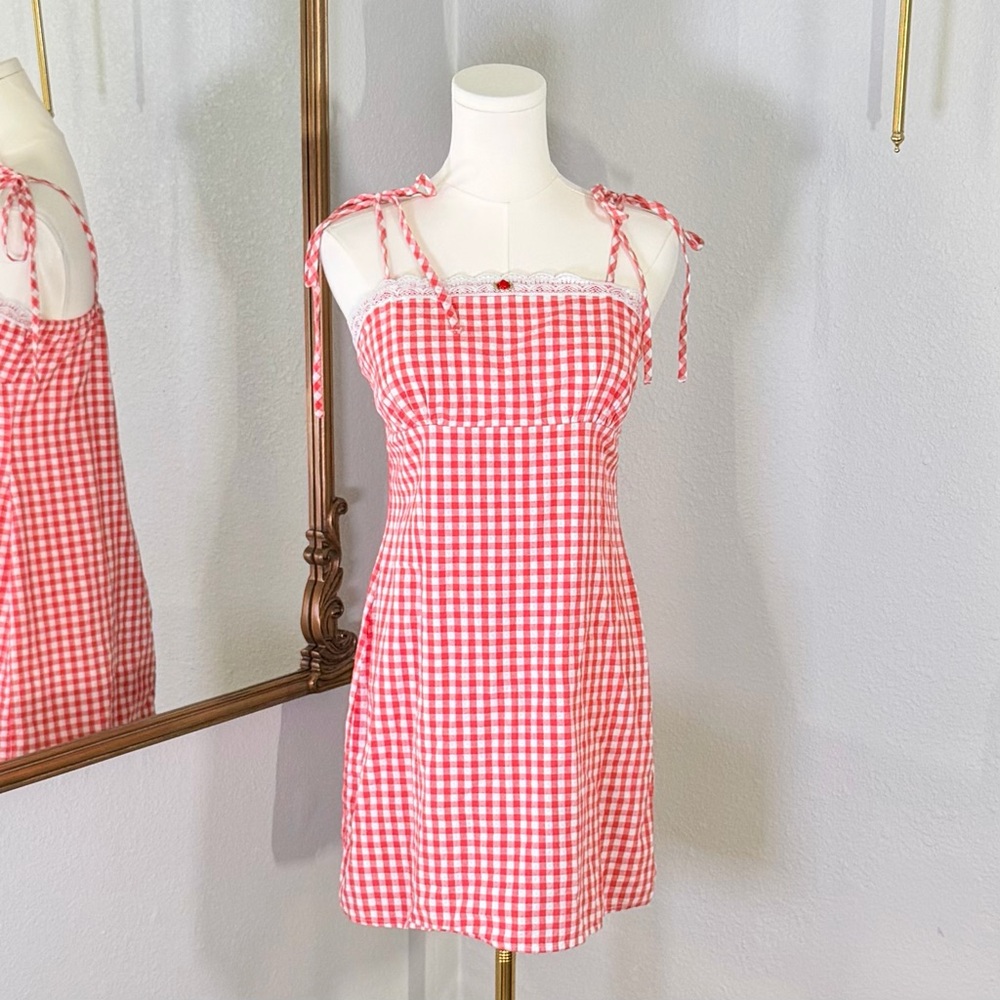 Picniccore Petal Dew Gingham Tiered Mini Dress S Coquette Red White Tie Shoulder